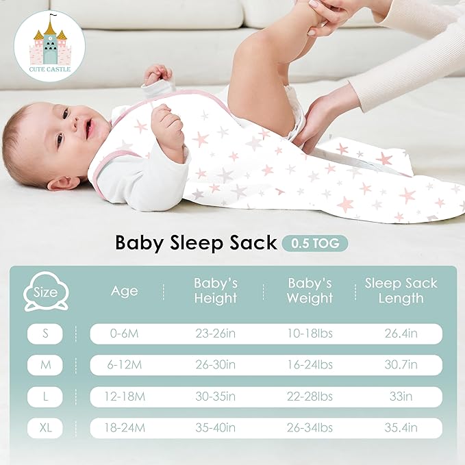 Cute Castle Baby Sleep Sack 18-24 Months - Lightweight 100% Cotton 2-Way Zipper TOG 0.5 Infant Wearable Blanket, Newborn Essentials Toddler Sleep Clothes, 3 Pack(Pink, Moon, Stars)
