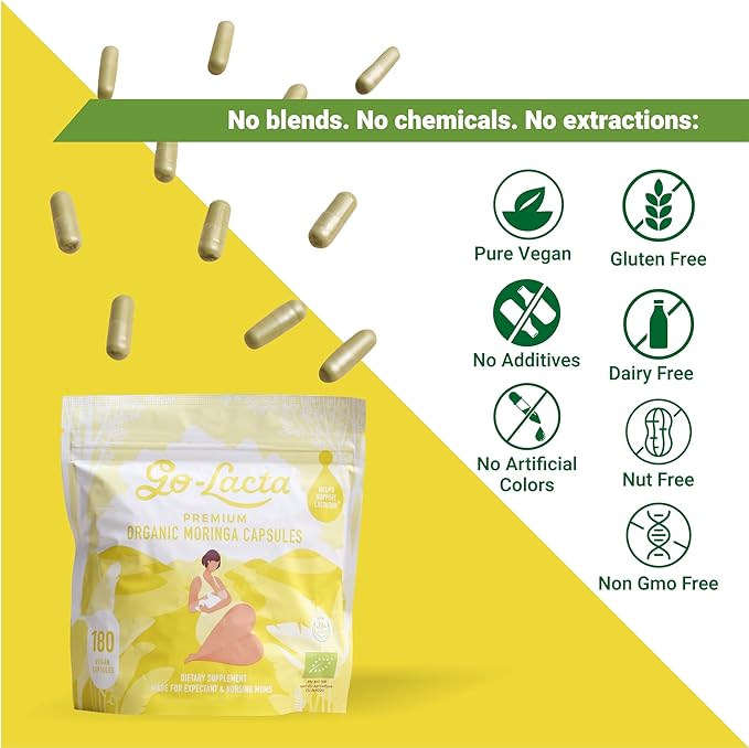 Go-Lacta 100% Organic Premium Moringa Capsules for Breastfeeding - Build Breast Milk Supply Before Birth - Healthy Breastfeeding for Mom and Baby - Increase Breast Milk Supply