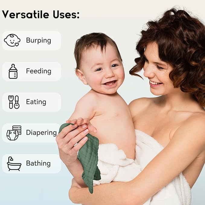 Muslin Baby Washcloths 6 Pack, 100% Cotton Wash Cloths for Babies, Large 12''X12'' Burp Cloths Absorbent and Soft for Newborn Infants Kids Boys Girls - Gradient Green