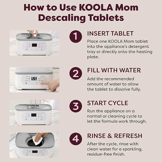 KOOLA Mom Descaling Tablets for Baby Bottle Washer Sterilizers & Warmers - 20ct, Compatible with Momcozy & Baby Brezza Removes Stubborn Mineral Scale, Non-Toxic & Baby-Friendly, Extends Product Life