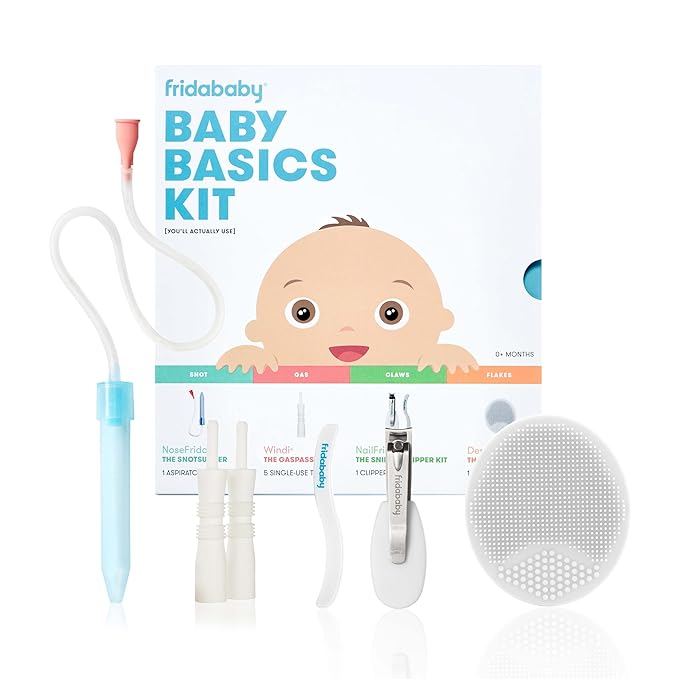 Frida Baby Basics Kit, 6pc Baby Essentials Kit Includes Nasal Aspirator Snotsucker, NailFrida Nail Files, Windi Gas Relief, DermaFrida Bath Brush + Silicone Carry Case