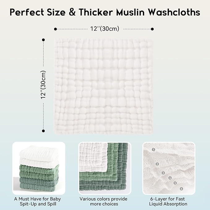 Muslin Baby Washcloths 6 Pack, 100% Cotton Wash Cloths for Babies, Large 12''X12'' Burp Cloths Absorbent and Soft for Newborn Infants Kids Boys Girls - White Green