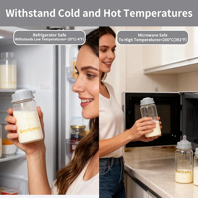 Natural Glass Baby Bottle 150ml 5oz Standard Neck Breast Milk Storage Bottles Compatible with Medela Breast Pumps for Breastmilk Storage Bottle Breastfeeding BPA-Free 4 Pack (Grey Lids)