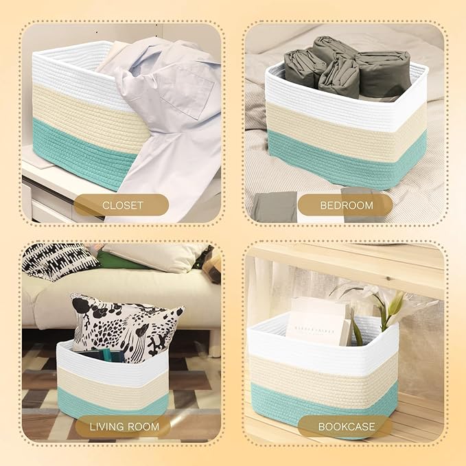 Hopegiver Storage Baskets for Organizing with Handle, Woven Baskets for Shelves - Durable Gift Basket for Cloth Toys Books Baby, Cotton Rope Basket for Dog Cat, 15x11x10 Inch(White&Cream&Green)