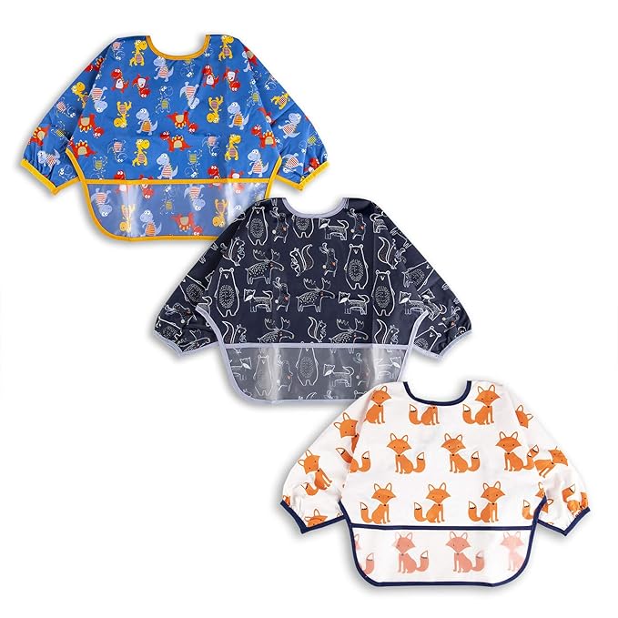 Long Sleeve Bibs For Babies 6-24 Months Full Coverage Shirt Bib for Baby Boys Girls Waterproof Smock Bibs with Sleeves Toddler Mess Free Bib for Eating with Pocket, 3 Pack