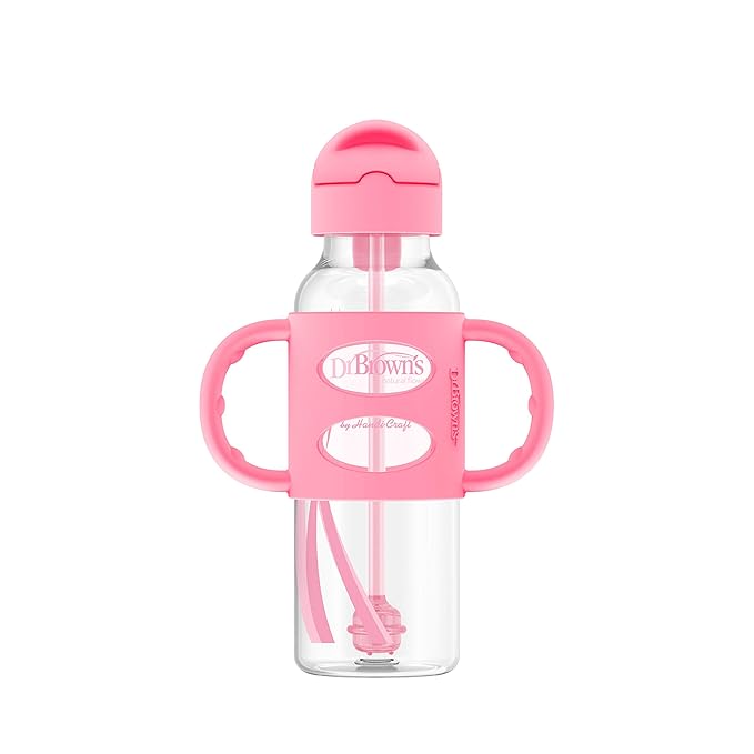Dr. Brown's Milestones Narrow Sippy Straw Bottle, Spill-Proof with 100% Silicone Handles and Weighted Straw, 8 oz/250 mL, Gray & Pink, 6m+