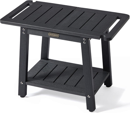 HDPS Shower Benches, Black Shower Stool for Shaving Legs with Shelf, Waterproof Bathroom Chair Seat, Weather Resistant/Non-Slip/Handles/Indoor or Outdoor Use