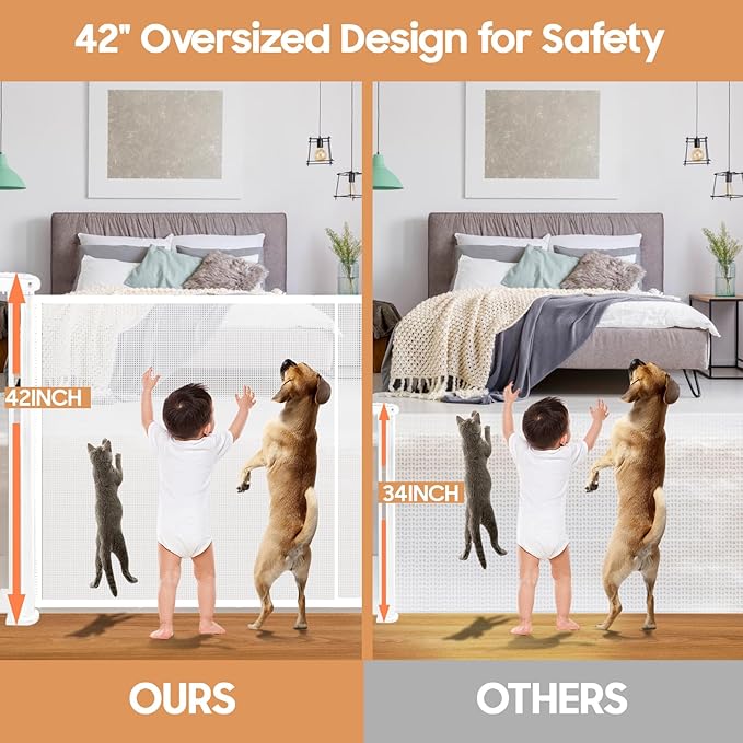 180" Extra Wide Retractable Baby Gates for Large Openings, 42" Extra Tall with Support Rods, Prevent Crawling, Mesh Dog/Pet Gate for Stairs/Doorways, Indoor/Outdoor Use
