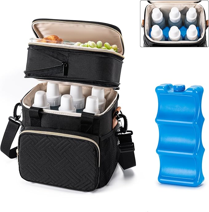 Breastmilk Cooler Bag with Ice Pack Fits 6 Baby Bottles Up to 9 Ounce, Expandable Double-layer Leak-Proof Cooler Bag with Shoulder Strap for Nursing & Working Mom, Black