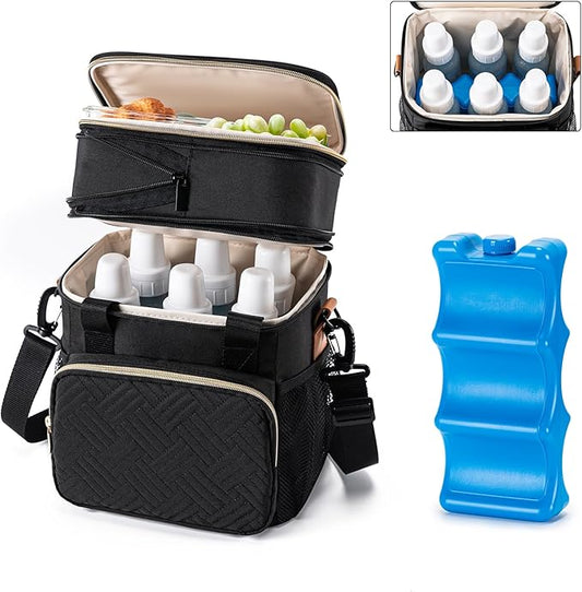 Breastmilk Cooler Bag with Ice Pack Fits 6 Baby Bottles Up to 9 Ounce, Expandable Double-layer Leak-Proof Cooler Bag with Shoulder Strap for Nursing & Working Mom, Black
