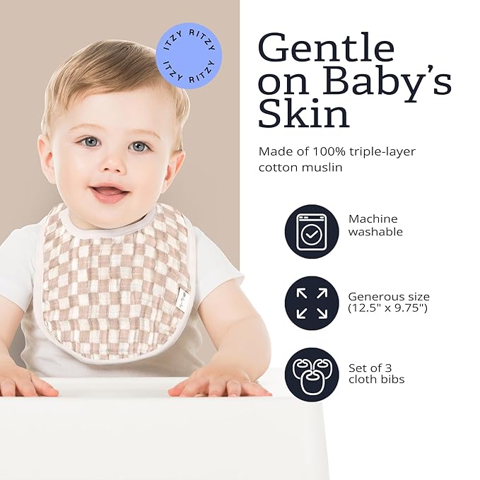 Itzy Ritzy Set of 3 Baby Bibs - Ultra-Soft Adjustable Infant & Toddler Bibs Made of Triple-Layer Cotton Muslin, Ideal for Drooling, Teething, & Eating -3 Stylish, Coordinating Prints (Checkerboard)