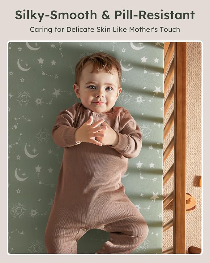 Pack and Play Sheets Fitted 3 Pack, Mini Crib Sheets for Pack N Play Mattress Stretchy Portable Playard Sheets, Soft Breathable Green Gray Constellation