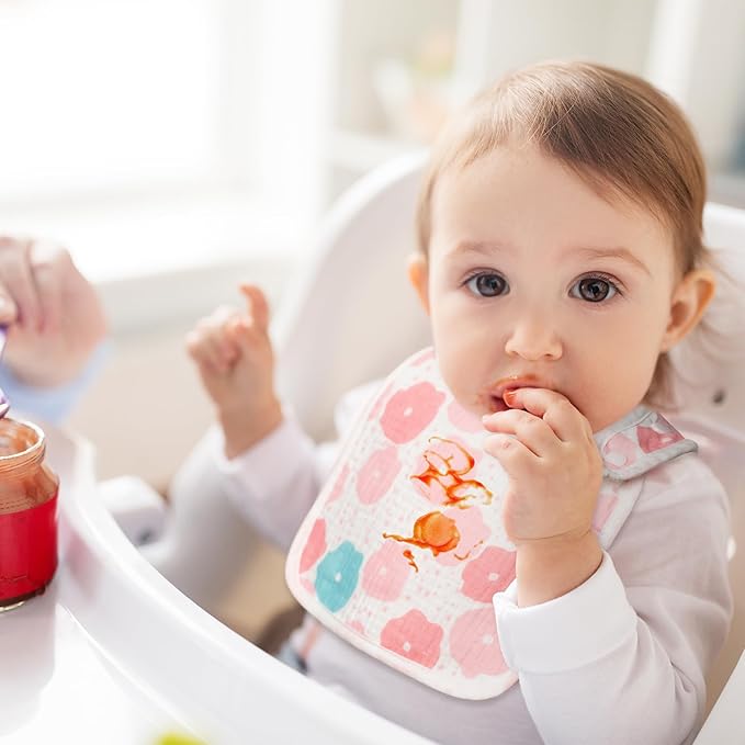 Zainpe 6Pcs Snap Muslin Cotton Baby Bibs Flowers Strawberry Patterns Infants Drooling Bib Soft Absorbent Adjustable Feeding Burp Cloths for Newborns Boy Girl Toddlers Teething Eating 0 to 36 Months