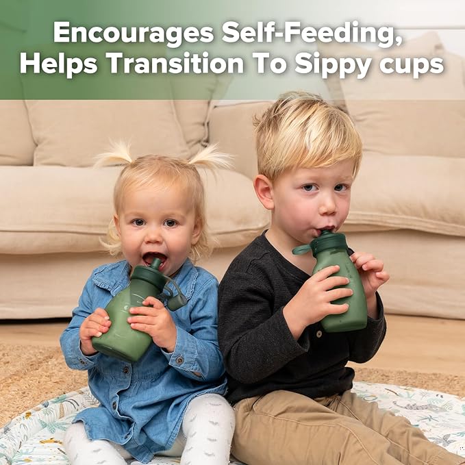 haakaa Hippo Wide Opening Silicone Goody Pouch – Reusable Pouches for Toddlers, Baby Food Pouches with Wide Opening for Easy Fill & Clean, Perfect for Purees & Smoothies, 9oz, 2 Pack, (Pea Green)