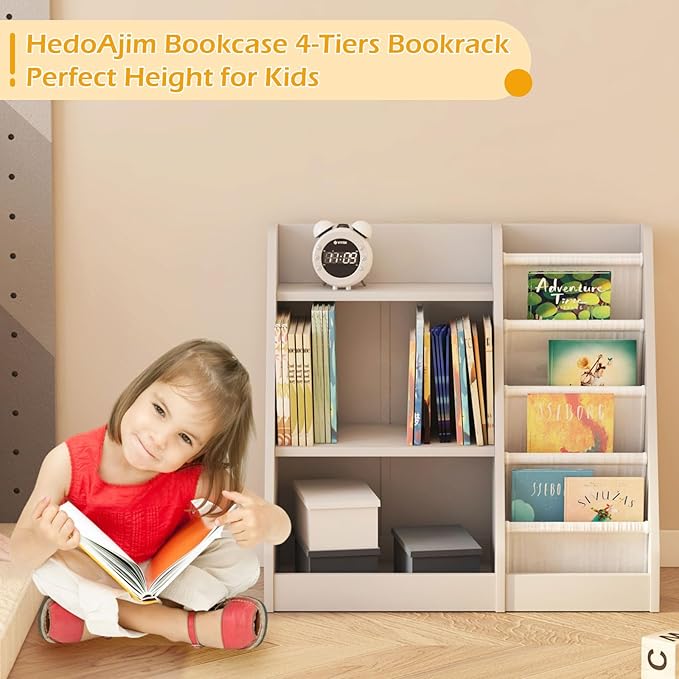 Gray Nursery Bookshelf for Kids 3 Tier Wood Shelf 4 Sling Baby Toddler Bookcase Book Rack with Adjustable Shelf for Boy Girl’s Gift Bedroom Playroom Nursery Classroom Church Kindergarten