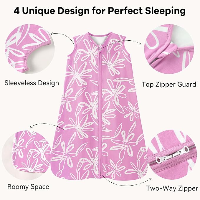 Baby Sleep Sack 18-24 Months 1.0 Tog Baby Wearable Blanket 100% Cotton Sleeping Sack with 2-Way Zipper for Toddler Infant Purple Leaf