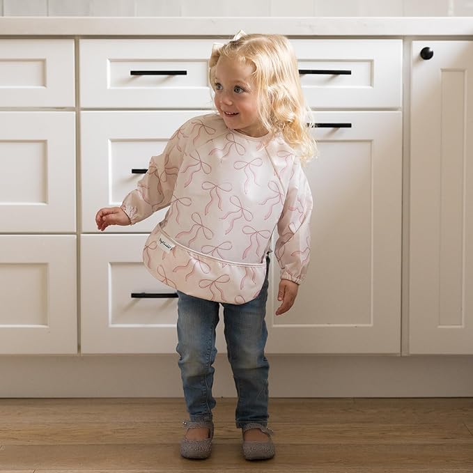 Tiny Twinkle Long Sleeve Bib for Babies & Toddlers – 2 Pack Waterproof Smock Bibs for Eating – Machine Washable & Mess-Proof, Baby Feeding Essential & Shower Must-Have (Toile,Bows, 6-24M)