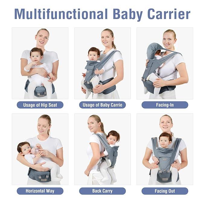 Baby Carrier, 3-in-1 Baby Carrier Newborn to Toddler with Hip Seat (Ergonomic M Position) for 0-36 Month/7-45lbs, Adjustable Size for Enhanced Lumbar Support, Perfect for On-The-go, Blue