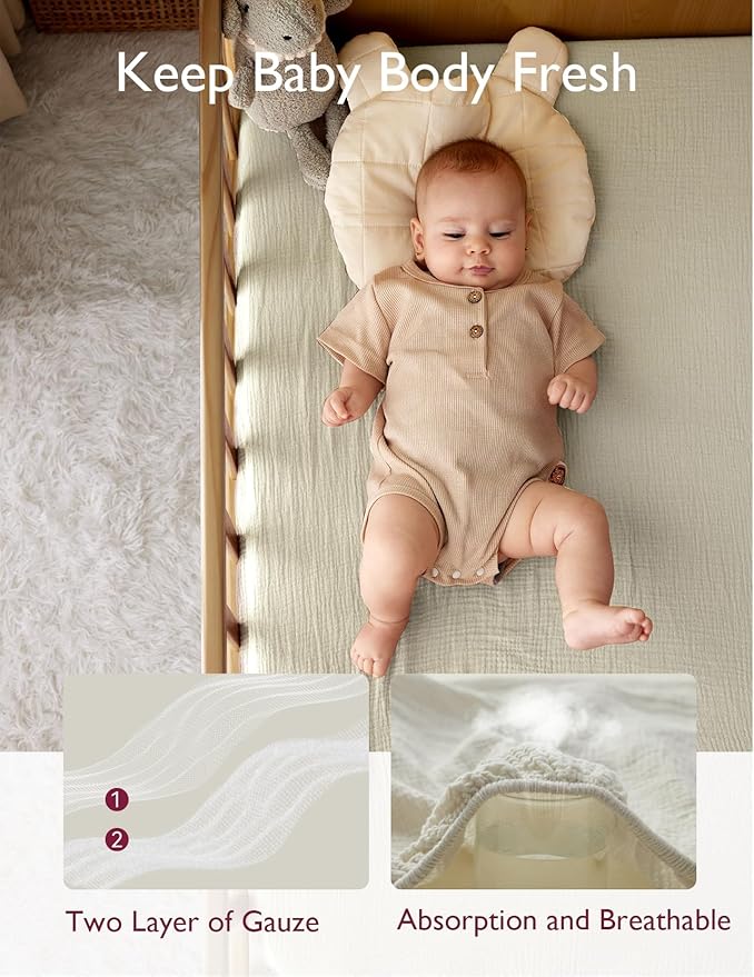 Momcozy Muslin Standard Fitted Crib Sheets, 52"x28", 2 Pack Soft Breathable Natural Cotton Baby Mattress Sheet, 360° Mattress Wrapping No Slip Boys Girls Neutral Toddler Bed Sheet, Green Grey