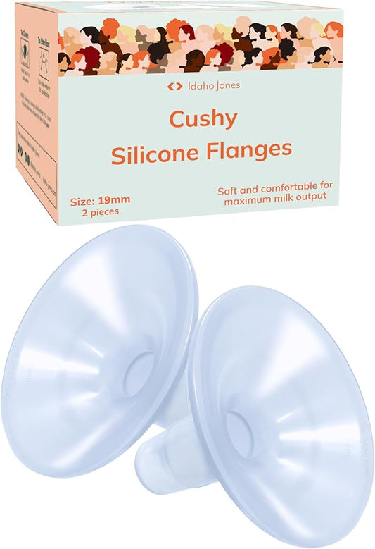 Smaller Cushy Silicone Flanges, Breast Shields - Replacement Pump Parts - for Spectra, Lansinoh, Medela Pumps - Great for Elastic Nipples - Double (2 Pack) - 19mm