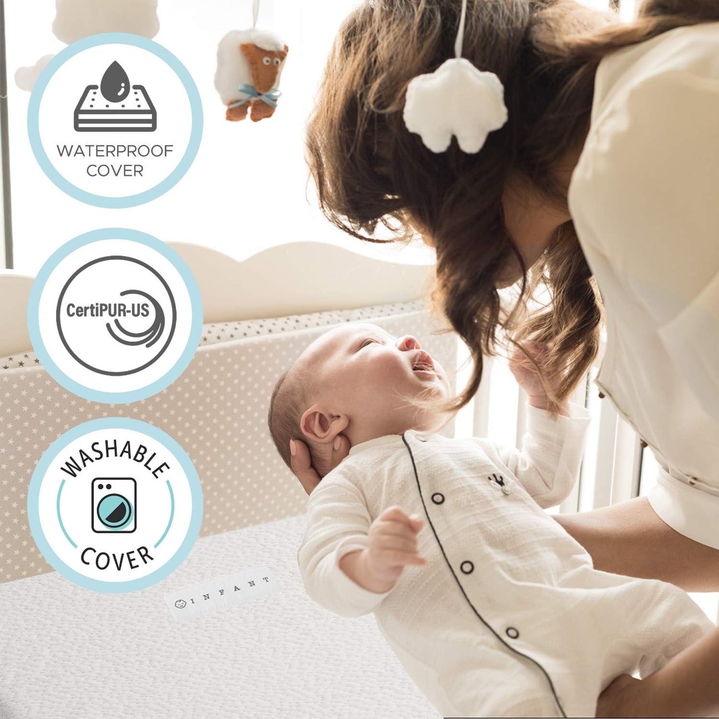 Organic Cotton 2-Sided Crib Mattress | Waterproof Washable Protector w/Ventilated Foam Lining | Light 2-in-1 Baby Mattress w/Firm Support for Infant & Soft CertiPUR Foam for Toddler | 52x27.5x4”
