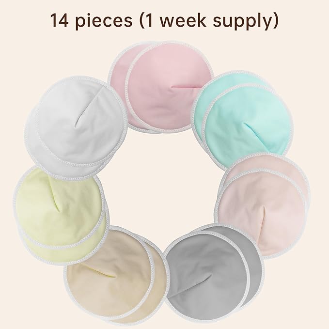Nimiah Reusable Nursing Pads, Organic Breast Pads for Leaking Milk 14-Packs(7 Pairs), Washable Bamboo Nipple Padding for Breastfeeding Fits B-D Cup with Wash Bag Multi