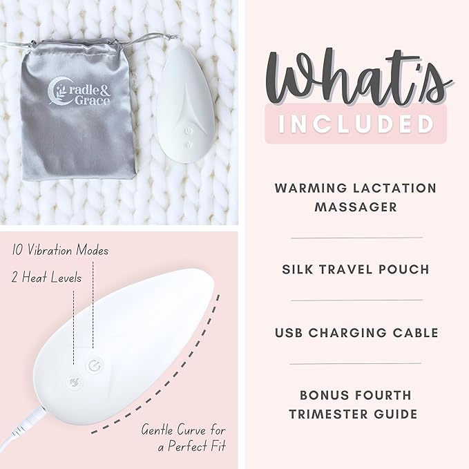 Cradle & Grace Warming Lactation Massager, Waterproof Breastfeeding Massager with 10 Intensity Levels & 2 Heat Settings, Breastfeeding Essentials to Support Milk Flow