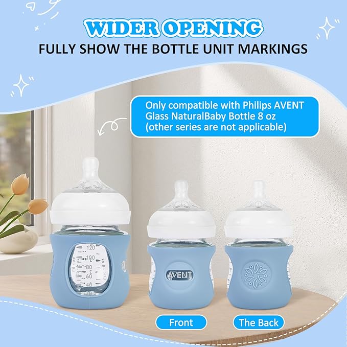 3 Pack Silicone Sleeves for Philips Avent Natural Glass Baby Bottles, Anti Breakage Baby Bottle Holder for Baby Boys, Compatible with Philips Avent Glass Natural Baby Bottle, 4oz