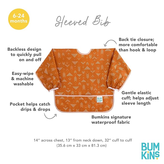 Bumkins Sleeved Bib for Girl or Boy, Baby and Toddler for 6-24 Mos, Essential Must Have for Eating, Feeding, Baby Led Weaning Supplies, Long Sleeve Mess Saving Food Catcher, Soft Fabric, Boho Orange
