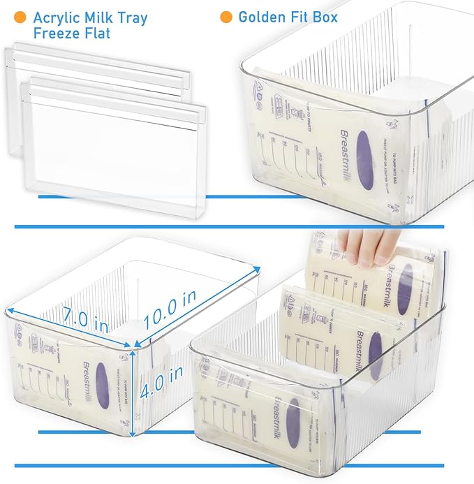 Breastmilk Storage Container with 4 Freezer Flattener Kit to Flatten Standing Breast Milk Bags in Organizer Bins Save Refrigerator Space |Horizontal Storage