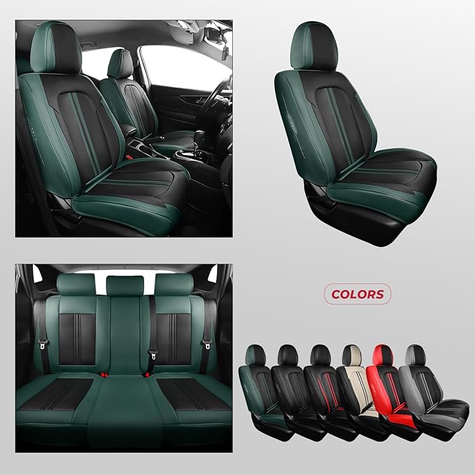 FREESOO Leather Car Seat Covers Full Set, Green Black Waterproof Seat Covers for Cars Trucks SUV, Luxury Front Car Seat Covers and Back Seats, Carseat Protector Car Seat Cover Fit for Most Vehicles