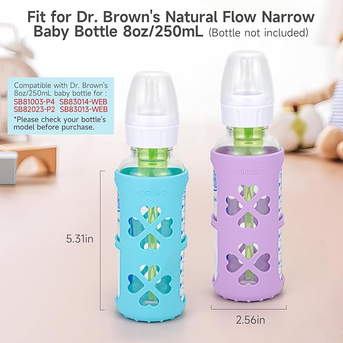 MORLIKE 4 Pack Silicone Sleeves Fit for 8 oz/250 mL Dr. Brown's Natural Narrow Glass Baby Bottle, 100% Silicone Covers Protect Glass Bottle, Easy to Grip Baby Bottle Holders for SB81003-P4, SB82023-P2