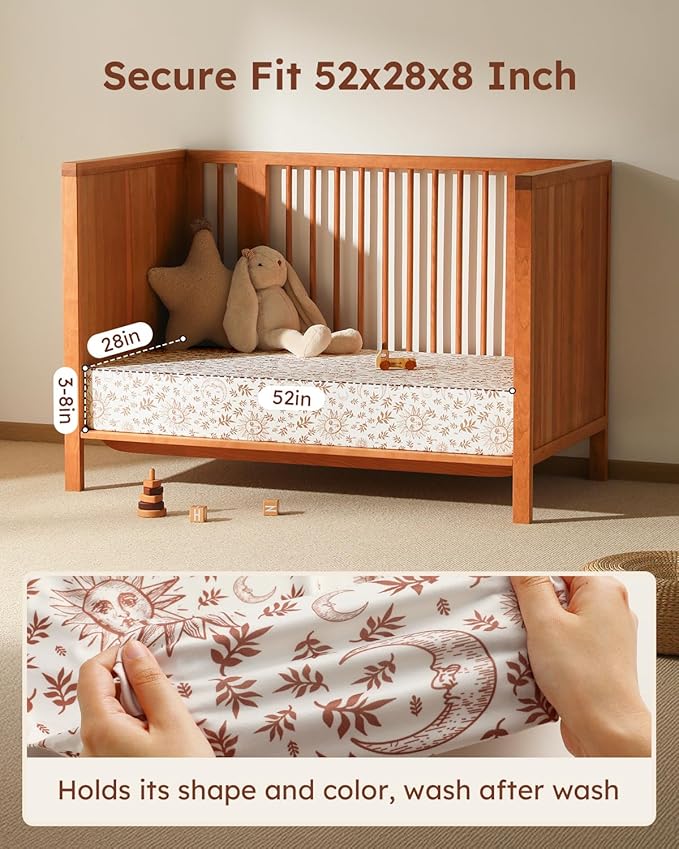 Baby Crib Sheets for Boys Girls, 28x52x8in Fitted Crib Sheet Neutral 3 Pack for Standard Crib and Toddler Mattress, Breathable Soft Microfiber Baby Sheet White Brown Sun God