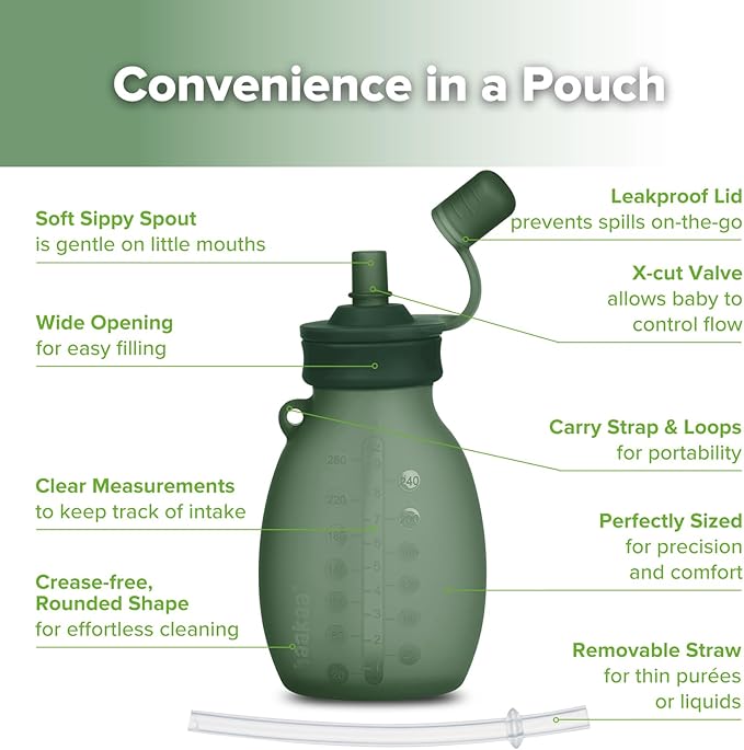 haakaa Silicone Hippo Pouch – Reusable Pouches for Toddlers, Reusable Baby Food Pouches with Wide Neck for Easy Fill & Clean, Perfect for Purees & Smoothies, 9oz, 4 Pack, (Pea Green)