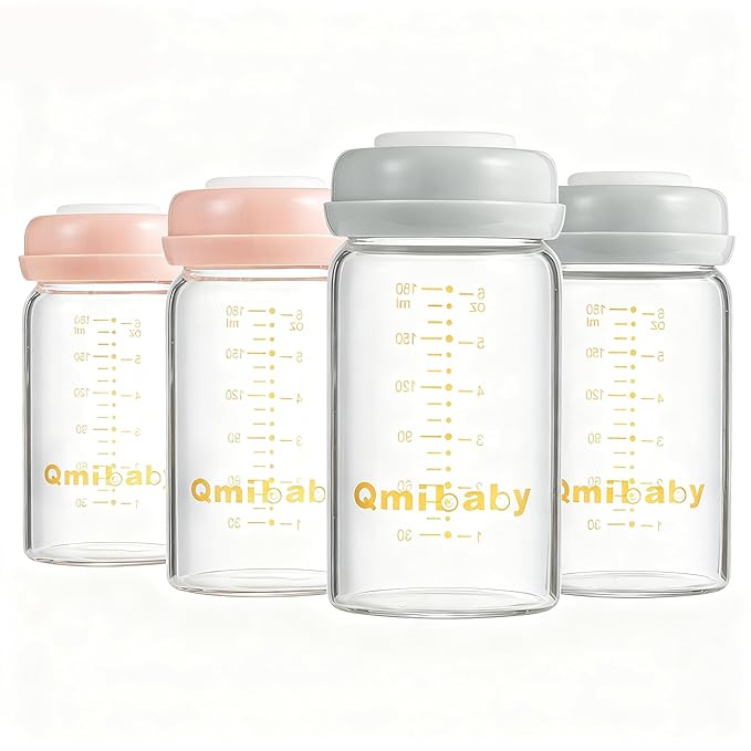 Breast Milk Storage Bottles 180ml 6oz BPA-Free Leak-Proof Baby Bottle for Breastmilk Storage Wide Neck Bottles with Screw Ring Sealing Disk Breastfeeding (Grey+Pink, 180ml-4Packs)