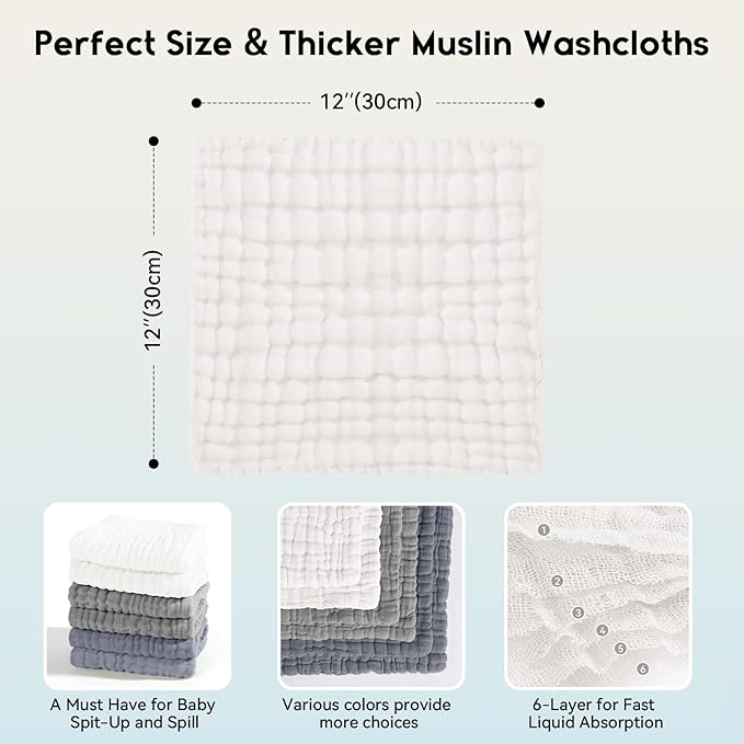Muslin Baby Washcloths 6 Pack, 100% Cotton Wash Cloths for Babies, Large 12''X12'' Burp Cloths Absorbent and Soft for Newborn Infants Kids Boys Girls - White Gray
