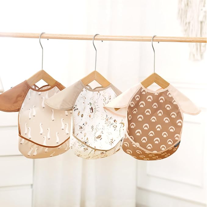 GRSSDER 3-pack Mess Proof Baby Feeding Bibs with Food Catcher Pocket, Soft Lightweight Waterproof Fabric Material with Zero Plastic-like Feel, Adjustable and Easy Clean Toddler Bibs for 6-36 Months