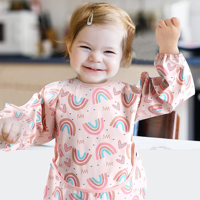 SPINFOX 2 Pack Baby Smock for Eating, Mess Proof Baby Bib, Waterproof Toddler Baby Feeding Bibs Shirt for Girl 6-24 Months