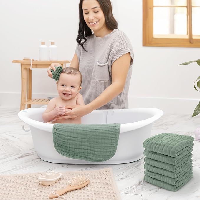 Comfy Cubs Muslin Baby Washcloths 6 Pack - Soft 6-Layer Cotton Wash Cloths for Sensitive Skin - 10"x10" Large, Gentle, Absorbent Infant Essentials for Newborn and Toddlers - Fern