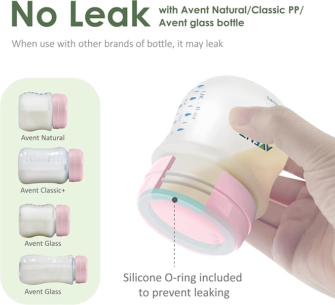 Maymom Solid Lids Aka Travel Caps w/Sealing Ring Compatible with Avent Bottle; Cap Replace Avent Natural Bottle Screw Ring n Sealing Disc; Fit Avent Anti-colic Polypropylene, Glass Bottle, Avent Pink