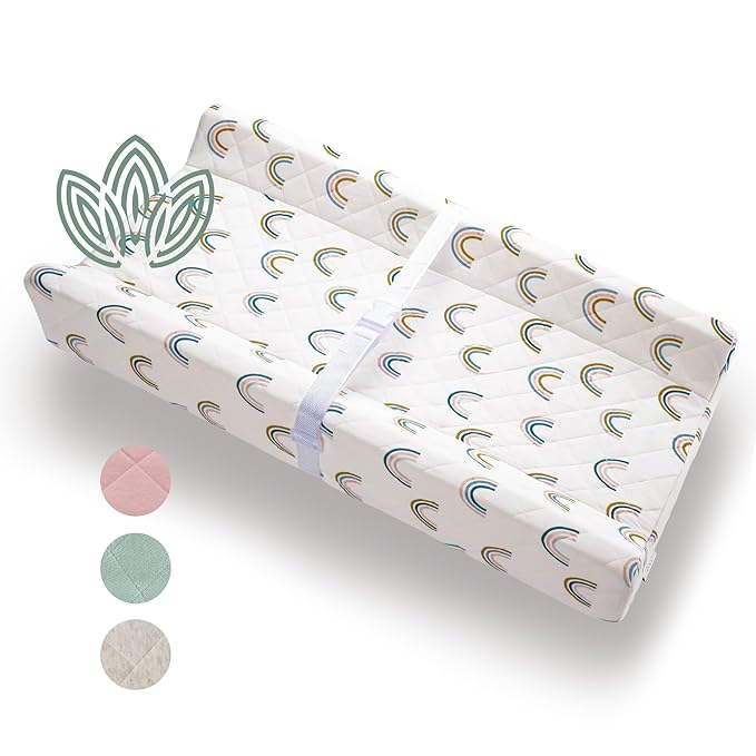 Organic Cotton Contoured Baby Changing Pad w/Waterproof Foam Mattress, Includes Soft, Removable & Washable Cover, Safety Strap, Non-Slip Bottom, Topper for Standard Size Infant Diaper Table & Dresser
