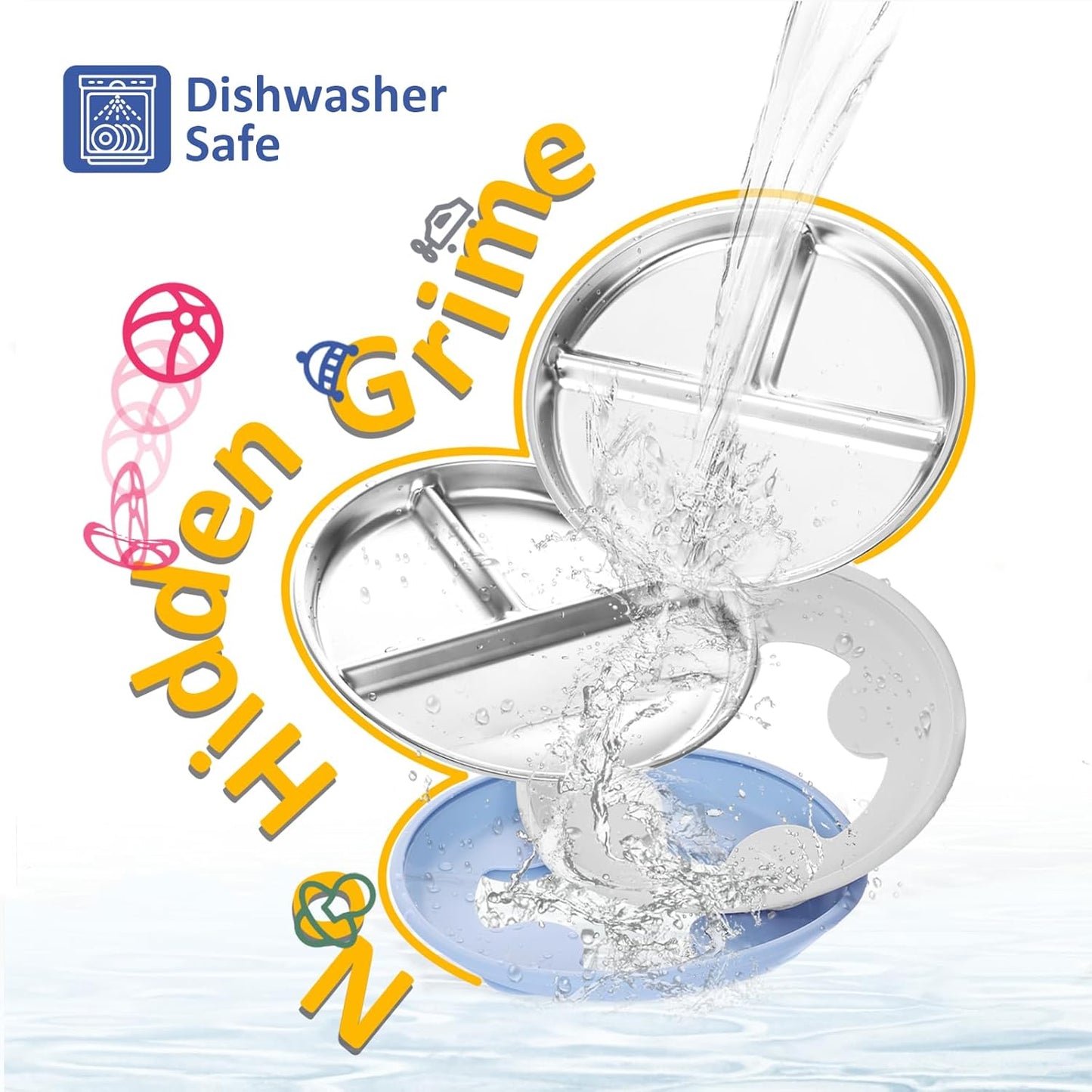 Stainless Steel Suction Plates for Toddlers, 9" Divided Kids Baby Plates with Removable Silicone Suction, Non Toxic Non Slip Portion Control Snack Dishes 4 Packs, Blue Green Gray Pink