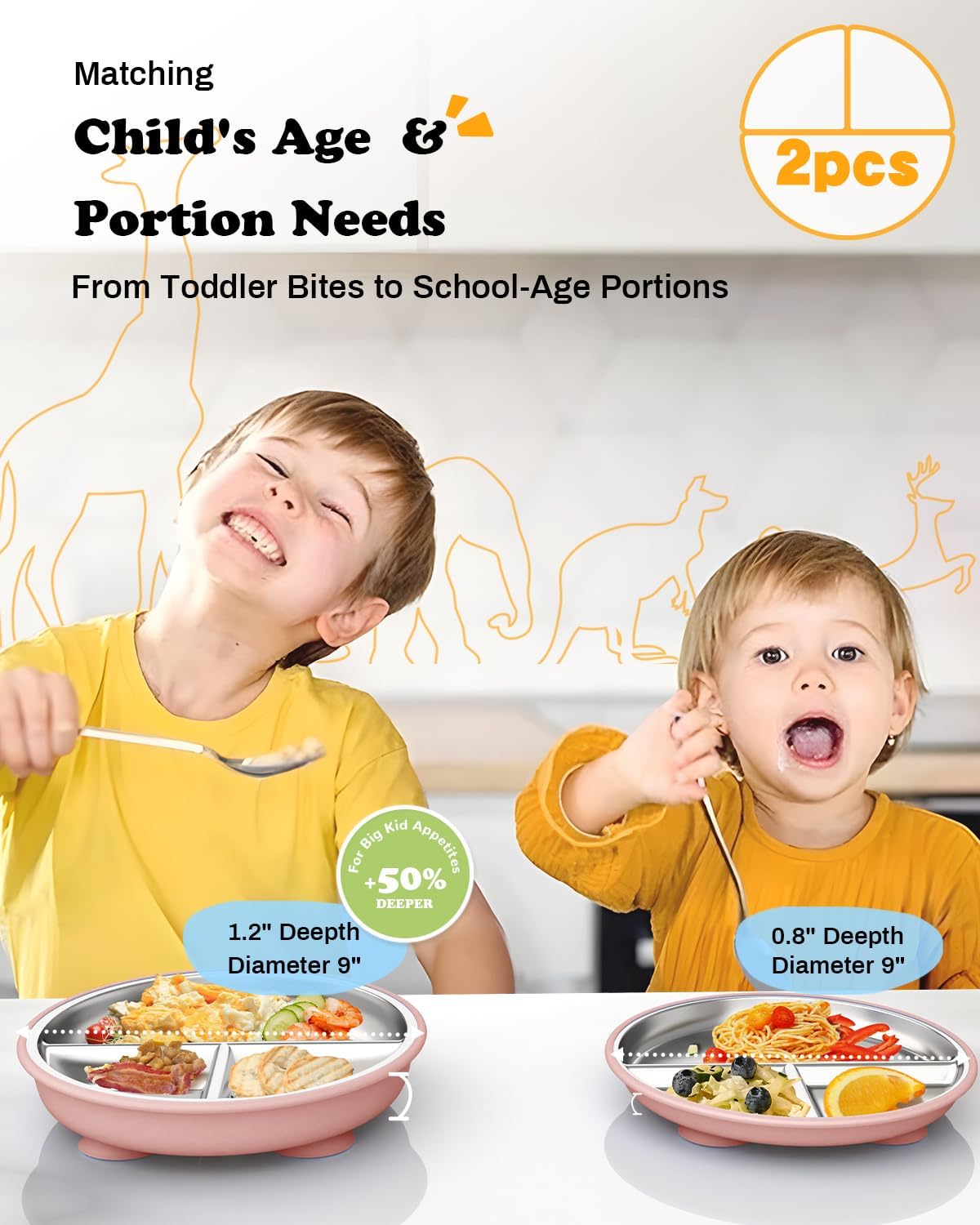 Stainless Steel Toddler Suction Plate with Lid, Deeper 9" Divided Plates with Removable Silicone Sleeves for Kids, Non Toxic & BPA Free | Unbreakable Baby Snack Dishes Set of 2,Pink & Beige