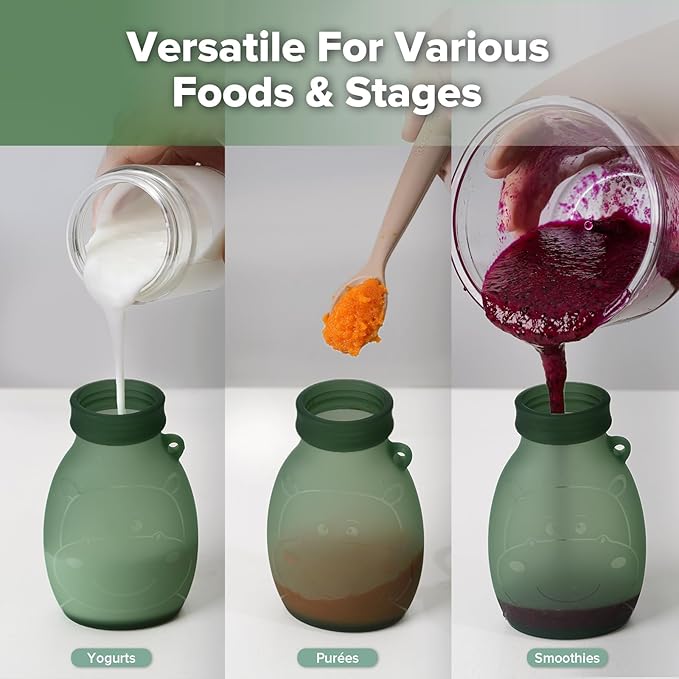 haakaa Hippo Wide Opening Silicone Goody Pouch – Reusable Pouches for Toddlers, Baby Food Pouches with Wide Opening for Easy Fill & Clean, Perfect for Purees & Smoothies, 9oz, 2 Pack, (Pea Green)