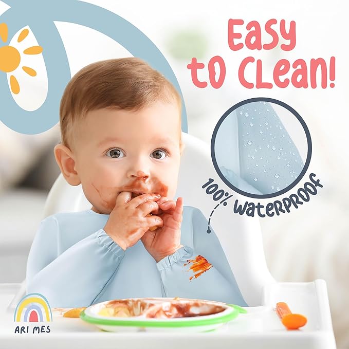 ARI MES Long Sleeves Waterproof Baby Bibs for Eating - Green, Small - Wearable, Coverall for Toddler, Long Sleeve Bib, Smock Apron for Feeding - Applicable for 6-72 Months