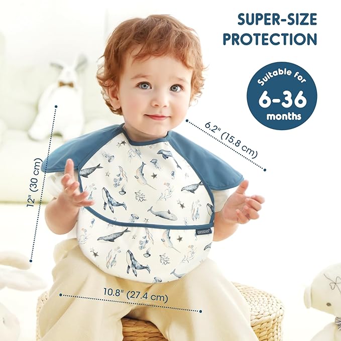 GRSSDER 3-pack Mess Proof Baby Feeding Bibs with Food Catcher Pocket, Soft Lightweight Waterproof Fabric Material with Zero Plastic-like Feel, Adjustable and Easy Clean Toddler Bibs for 6-36 Months