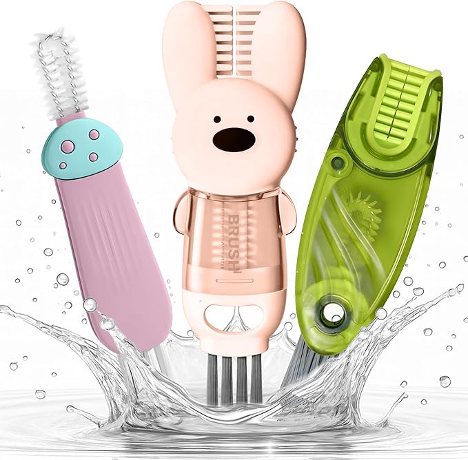 Cup Lid Cleaning Brush, Multifunctional Set with 3 in 1 Lid Cleaner and Two 4 in 1 Cup Lid Cleaning Brushes, Cleaning Brush Tool for Bottles, Straws, Tumblers, Travel Mug Caps, Portable Kit (Pink)