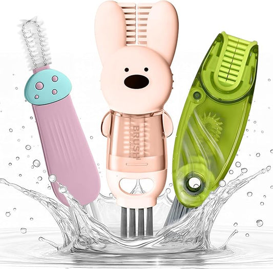 Cup Lid Cleaning Brush, Multifunctional Set with 3 in 1 Lid Cleaner and Two 4 in 1 Cup Lid Cleaning Brushes, Cleaning Brush Tool for Bottles, Straws, Tumblers, Travel Mug Caps, Portable Kit (Pink)