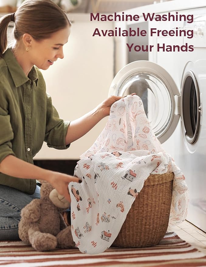 Momcozy Muslin Mini Crib Sheets Fitted - 38''x26'' Pack and Play Sheets for Pack N Play Mattress, 2 Pack Soft & Breathable Natural Cotton Non Slip Bed Cover for Boys, Girls, Farming Joy