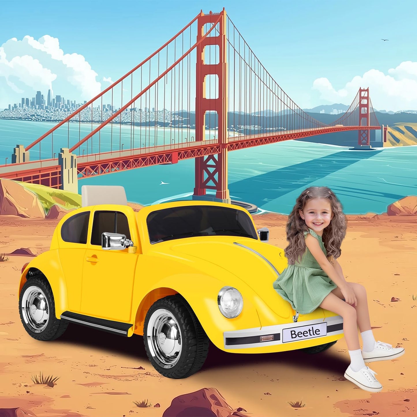12V Kids Electric Car, Power Wheels with Remote Control, Ride on Car Toys with LED Light, 3 Speeds, Music, Yellow